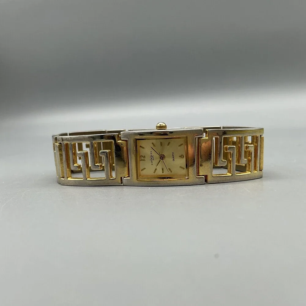LA Express Womens Watch 18mm Gold Tone Greek Key Bracelet New Battery 7.5